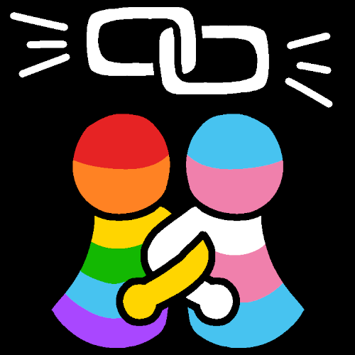 two people standing back to back with linked arms. one is colored in with the rainbow flag and the other with the trans flag. above them are two metal chains linked together with emphasis lines. the image is unshaded with a black background.